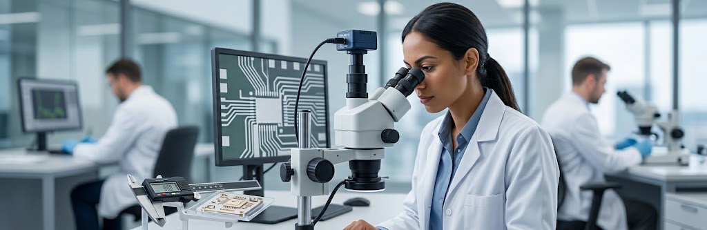 Engineer inspecting a ceramic metallization substrate under a microscope