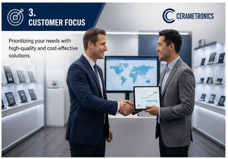 Cerametronics representative shaking hands with a client, representing our customer focus value