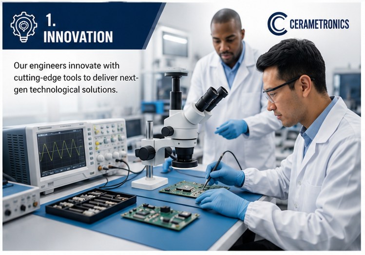 Cerametronics engineers inspecting a circuit board under a microscope, representing our innovation value