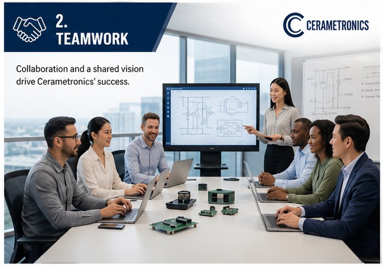 Cerametronics team collaborating around a conference table, representing our teamwork value