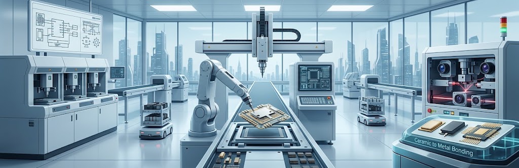 Automated electronic component production line, representing Cerametronics global sourcing and partnerships