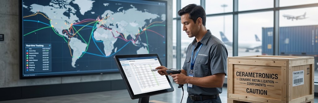 Cerametronics warehouse team scanning inventory with real-time global shipment tracking