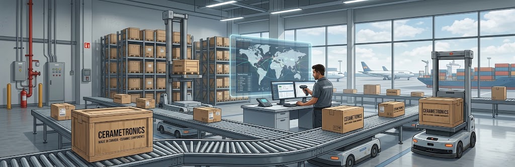 Cerametronics warehouse and global logistics operation with shipment tracking