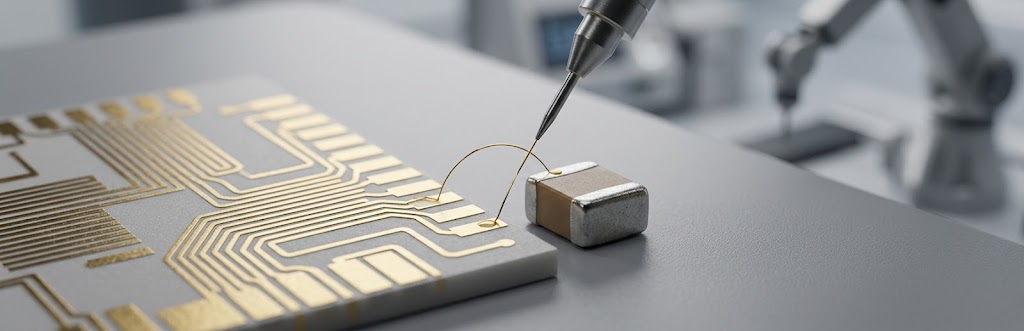 Gold wire bonding on a metallized ceramic component, representing Cerametronics expertise