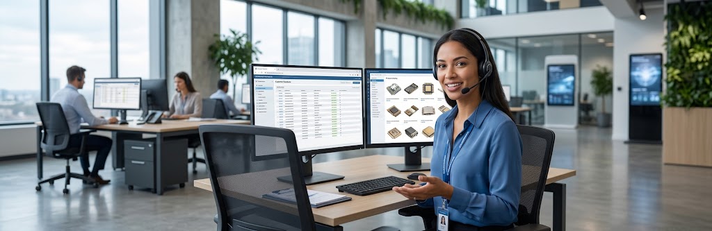 Cerametronics customer support representative assisting a client at her workstation